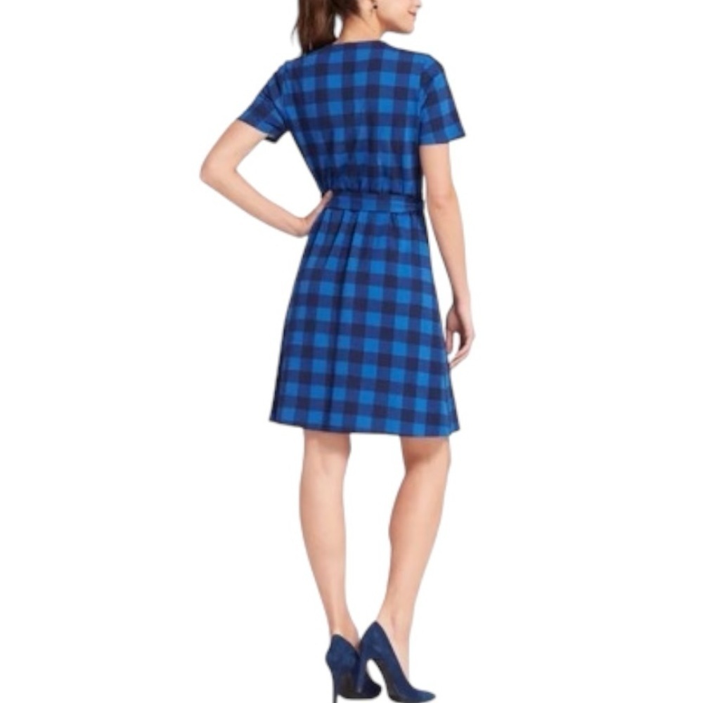 Draper James Buffalo Check Plaid Tie Waist Faux Wrap Dress -Blue & Black -Medium - Picture 6 of 12